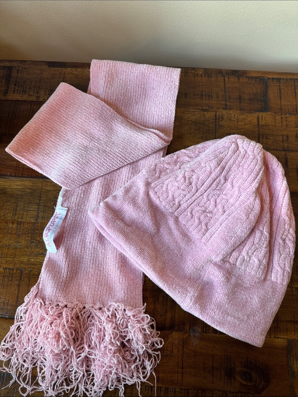 Women's Pink Knit Beanie and Scarf Set